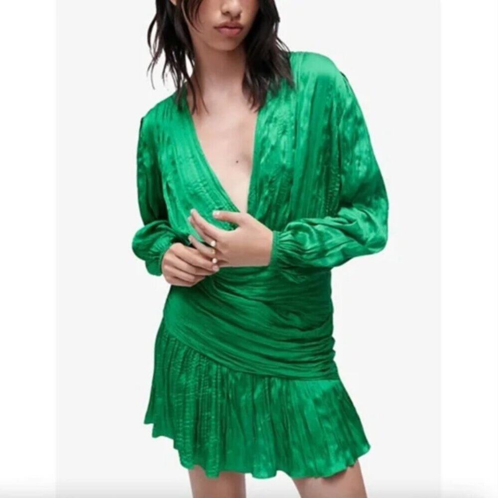 Maje Runnylona Ruched Long Sleeve Satin Mini Dress In Green